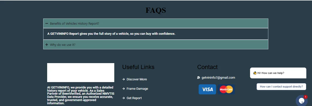 Footer section of GetVinInfo car information lookup website project by Abdul Samad